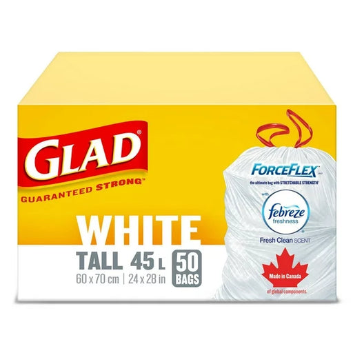 GLAD WHITE GARBAGE BAGS - TALL 45 LITRES - FORCEFLEX, DRAWSTRING, WITH FEBREZE FRESH CLEAN SCENT, 50 TRASH BAGS