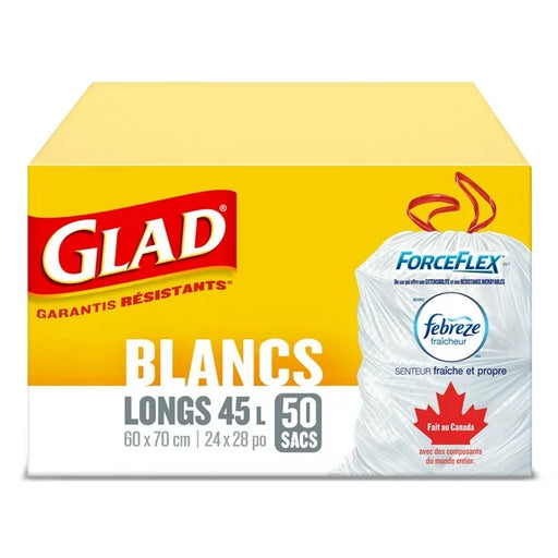 GLAD WHITE GARBAGE BAGS - TALL 45 LITRES - FORCEFLEX, DRAWSTRING, WITH FEBREZE FRESH CLEAN SCENT, 50 TRASH BAGS